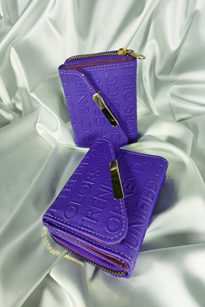 Leaf Accessory Mor Kabartma Yazılı Kadın Cüzdanı Çıtçıtlı Kapaklı, İçten Ferm...
