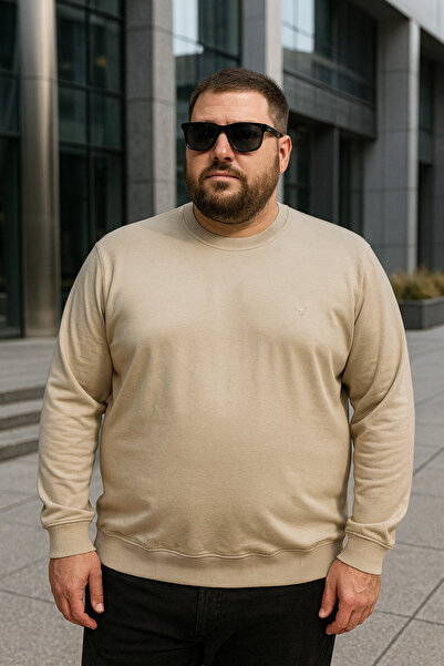 Maccali Men's Casual Plus Size Loose Beige Long Sleeve T-Shirt