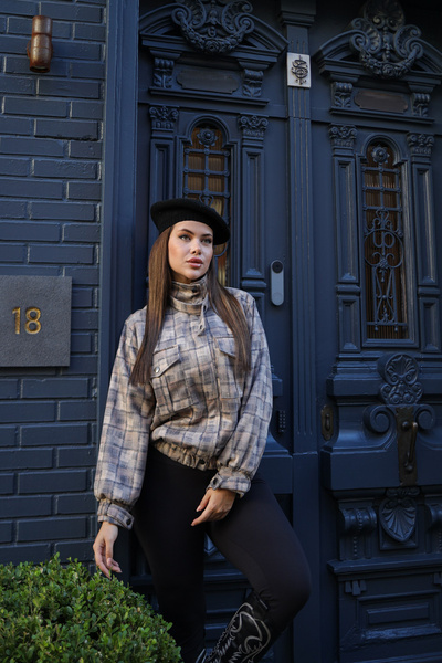 By Pommes Life Women's Epaulet Detailed Double Pocket Plaid Coat