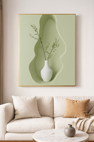 sayetablo Stillness Açık Yeşil- Gerçek Cama Baskı Gold Alüminyum Metal Çerçeveli Tekli Modern Çiçekli Tablo