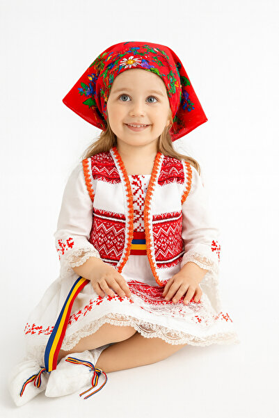 kashida Costum Tradițional Românesc Fetițe Roșu– Set 5 Piese - FABRICA IN ROM...