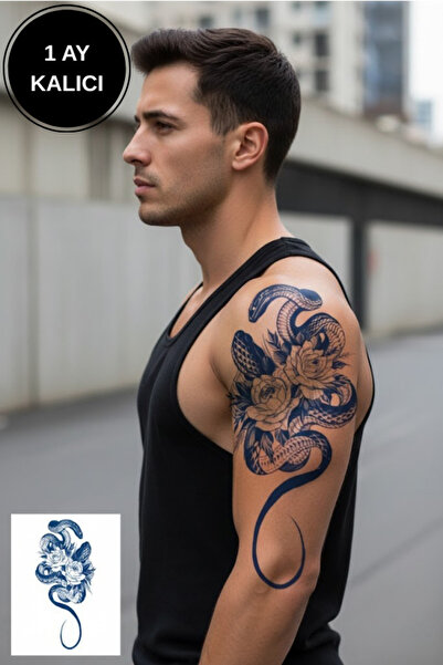 shop 1 Ay Kalıcı Büyük Boy Yılan ve Çiçek Figürlü Geçici Dövme Kol/Omuz Tatto...