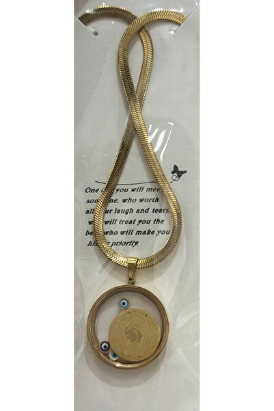 stainles steel Stainless Steel Nazar Boncuklu Camlı Çeyreklik Çelik Kolye - Gold