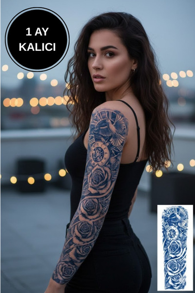 shop 1 Ay Kalıcı Büyük Boy Saat, Gül ve Güvercin Figürlü Full Kol Dövme 17x48...