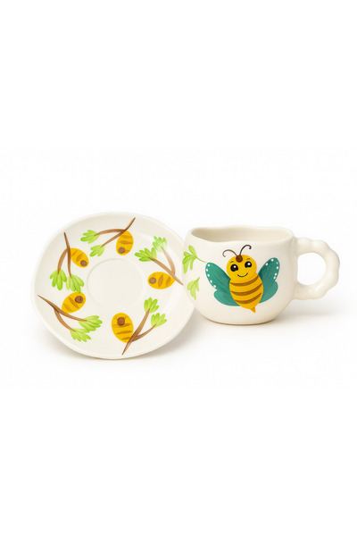 Çağ Seramik طقم أكواب سيراميك مصنوعة يدويًا من قطعتين مع صحن - كوب قهوة كريمي...