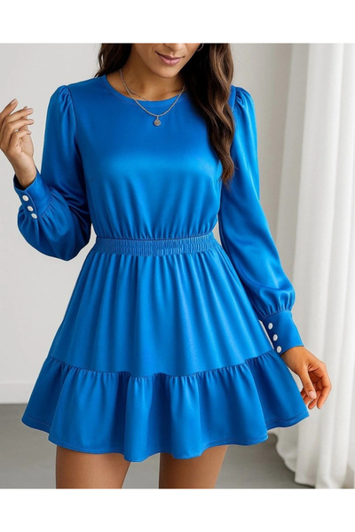 Beruflic فستان نسائي من الكريب المستورد بأكمام طويلة ورقبة دائرية وخصر مطاطي