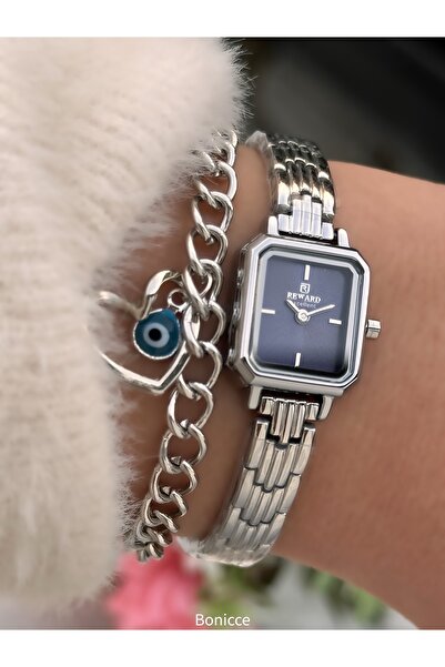 Reward Minimal Kasa, Lacivert Kadran, Gümüş Çelik Kordon, Kadın Kol Saati,Bileklik Hediyeli