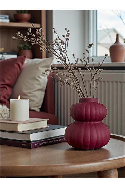 Porselian Boğumlu Çizgili Eskitme Görünümlü Dekoratif Vazo 14x13 cm Bordo Salon Obje