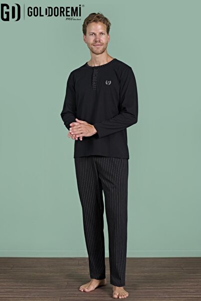 gd goldoremi Ανδρικό κοστούμι πιτζάμα με μακρυμάνικο γιακά με ριγέ κουμπιά