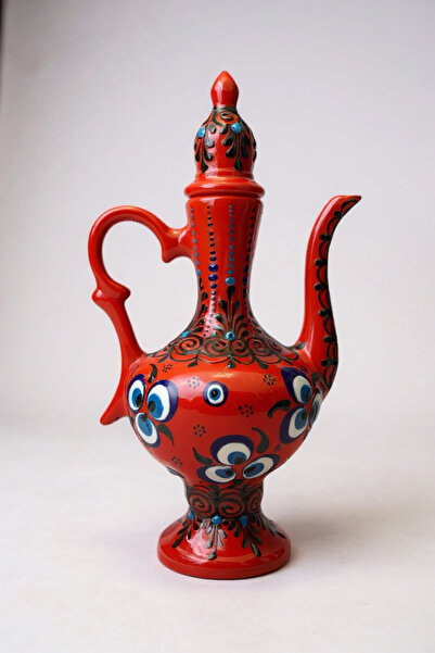 STORESZA El Yapımı 25Cm Nazar Boncuğu İşçiliği Kırmızı Antik İbrik Çini Vazo