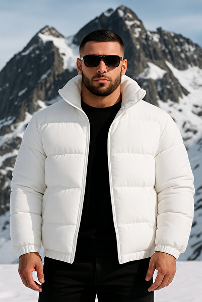 Richarlison Erkek Beyaz Su ve Rüzgar Geçirmez Slimfit Dik Yaka Astarlı Kalın Şişme Mont