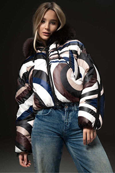 FLO CLO Jachetă impermeabilă, multicoloră, scurtă, casual, cu guler de blană