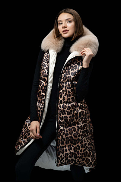 FLO CLO Long Puffer Vest, Leopard Print With Fur Collar