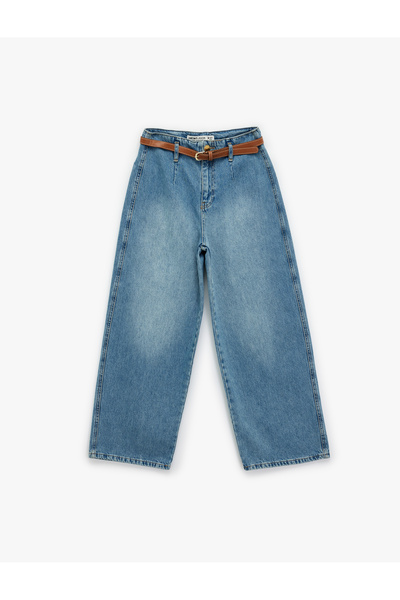 Koton High Waist Cotton Belt Detailed Pocketed Short Wide Leg Jean Trousers - Wide Leg Jeans