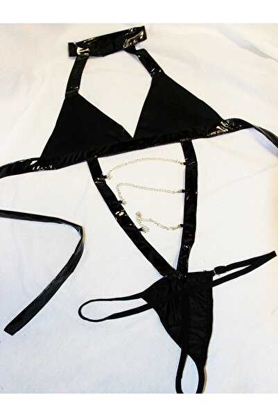 JInsh مجموعة بيكيني مثيرة بحزام رباط لامع وسلسلة حمالة صدر مثلثة رافعة للأعلى