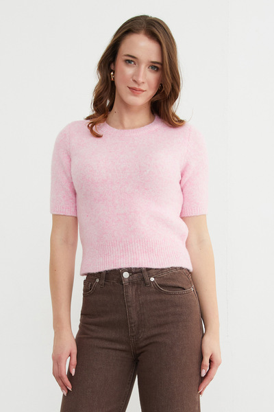 Fulla Moda Basic Crew Neck Short Sleeve Knit Sweater