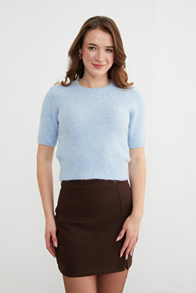 Fulla Moda Basic Crew Neck Short Sleeve Knit Sweater