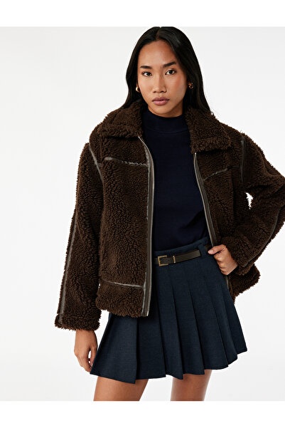 Koton Faux Suede Lined Long Sleeve Pocket Zipper Short Plush Coat