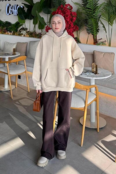 lamelif Üç İplik Kanguru Cep Sweatshirt Bej