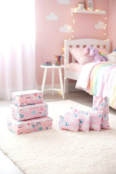 Textile sweet 7'li Unicorn Desenli Bebek Doğum Hastane Çıkışı Çantası Seti Dü...