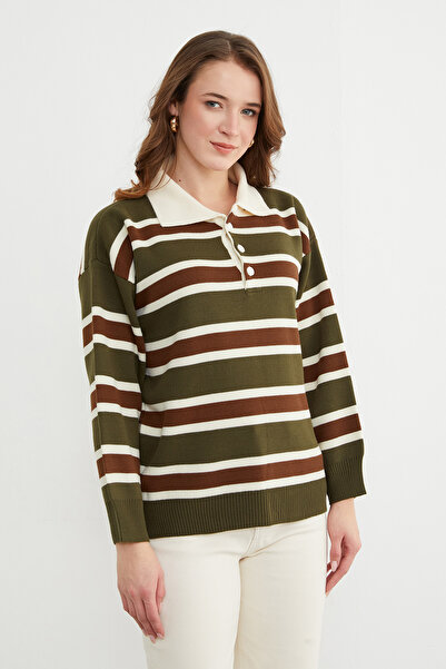 Fulla Moda Striped Half Button Polo Neck Knitwear Sweater