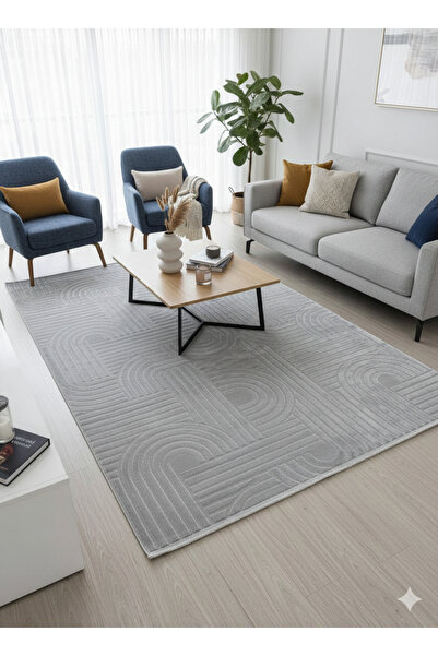 Gri Kabartmalı Geometrik Halı - Modern, Minimal ve Şık Tasarım