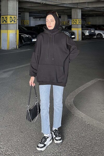 lamelif Three thread kangaroo pocket sweatshirt black