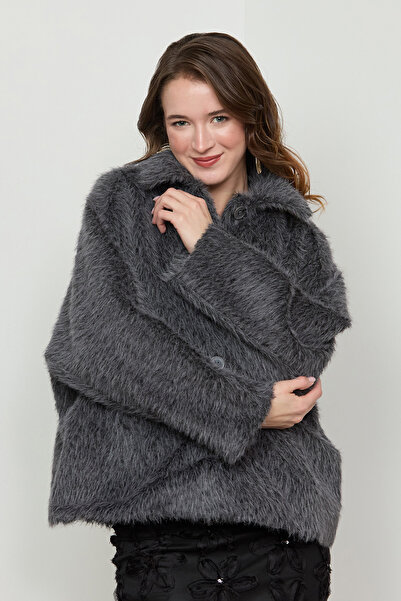 Fulla Moda Buttoned Polo Neck Plush Coat with Pockets