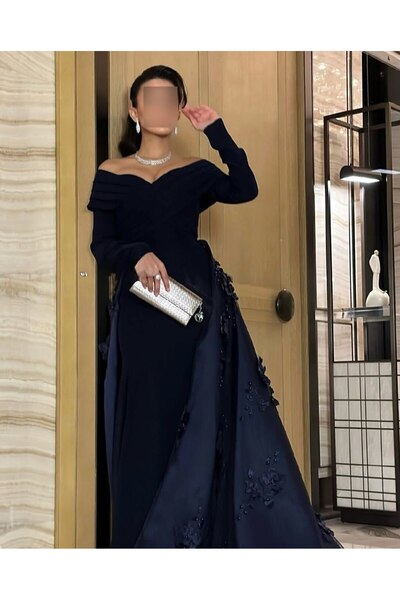 Rahibhdresses Navy blue Barbie evening dress. Off-the-shoulder design.