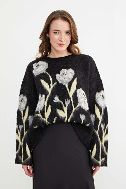 Fulla Moda Floral Patterned Oversize Knitwear Sweater