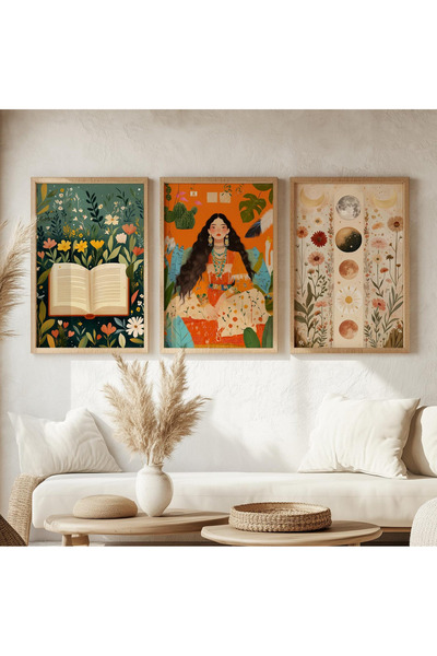 woodhomeworks Ahşap Çerçeveli 3 Lü Soyut Tablo bohem