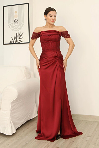 lodmela Straplez Yaka File ve Bel Detaylı Saten Abiye Elbise 2368-Bordo