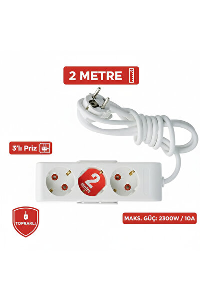 Lunitech 2 Metre Kablolu Topraklı Ara Kablosu Uzatmalı Seyyar 3lü Grup Priz