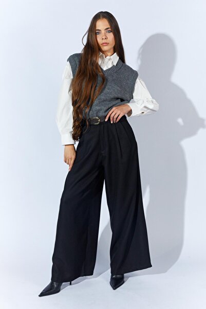 TENA Women's Black Thick Waist Belt Palazzo Pants