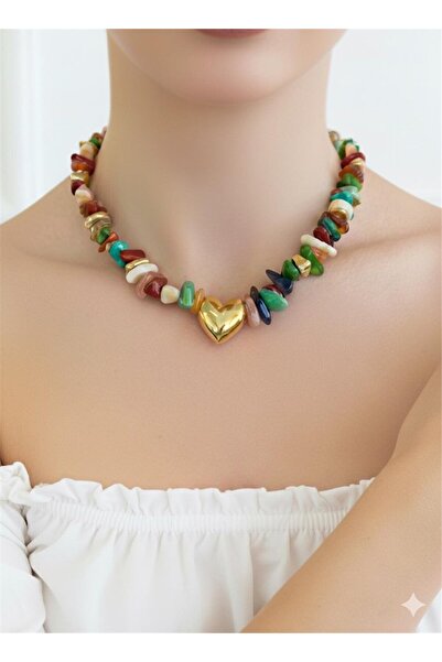 Pelin Aksesuar Multi-Colored Natural Stone Look Gold Heart-Tipped Summer Necklace