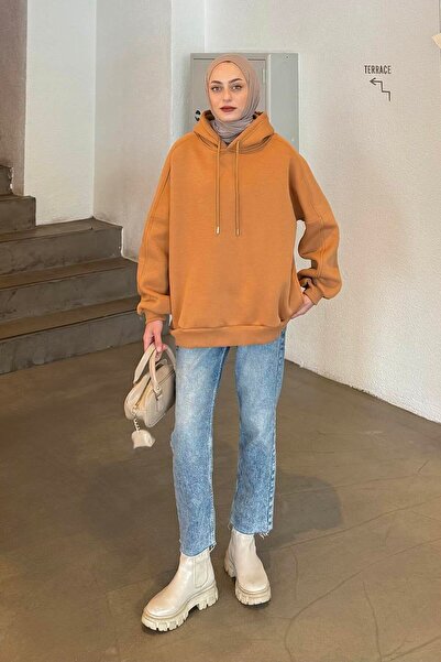 lamelif Hooded Oversized Sweat Camel with Side Pockets