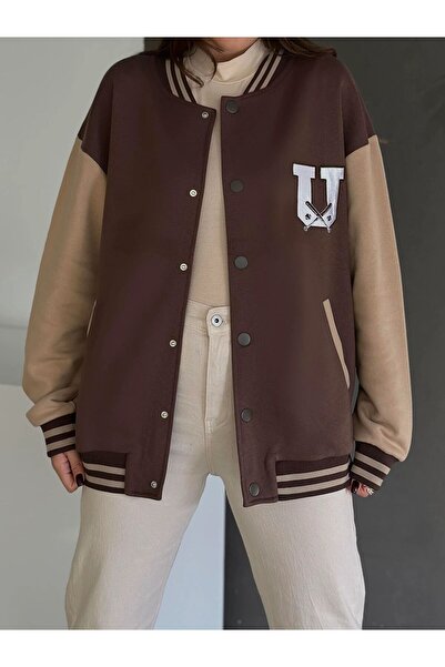 Vinales Kahverengi Nakışlı Oversize Kadın Kolej Ceket