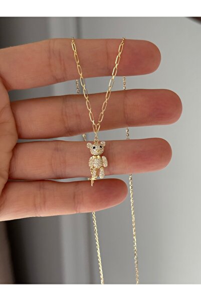 emy by emel luxury silver jewelry Altın Kaplama Ataç Zincirli Taşlı Ayıcık Ko...
