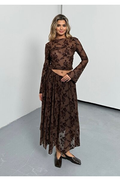 BEJNA Women's Embossed Patterned Asymmetrical Tulle Skirt