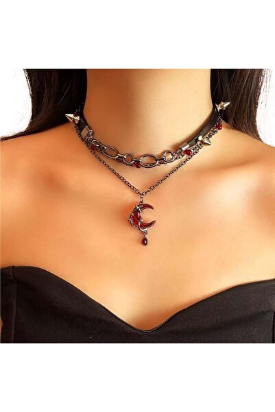 Pelin Aksesuar Punk Rock Style Studded Leather and Chain Detailed Red Crescent Moon Necklace