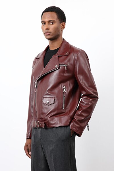 Antioch Bordo 100% Deri Biker Ceket