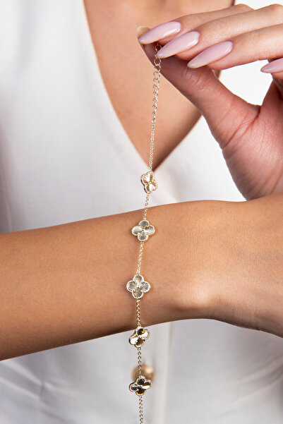 Elika Silver Kadın Yonca Model Gold Bileklik