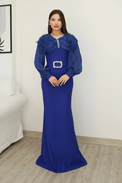 lodmela Shoulder Draped Evening Dress 2314- Cobalt