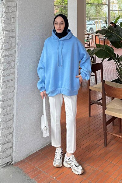 lamelif Hooded Oversized Side Pocket Sweatshirt Baby Blue