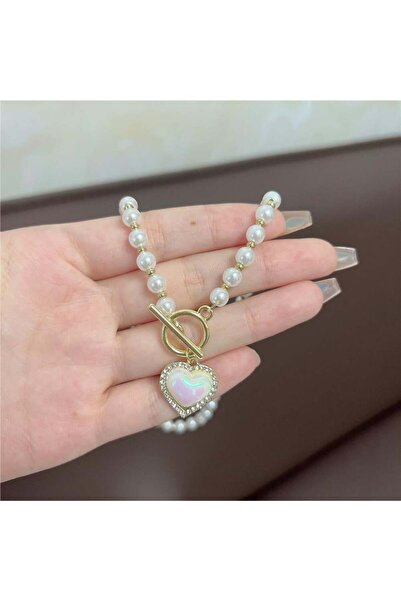 Pelin Aksesuar Pearl Necklace with Mother-Of-Pearl Heart Pendant and Crystal Stone Bezel Front T-Bar Clasp