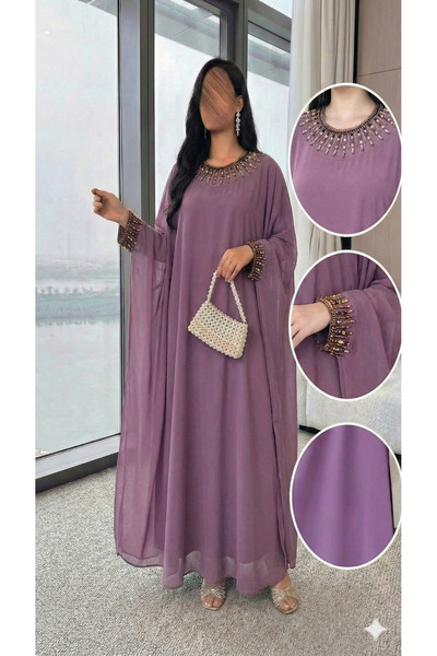 Haifa Fashion جلابية سهرة شيفون طويل بلون وردي بتطريز يدوي قفطان