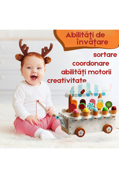 OEM Wooden stroller ice cream stand role-play educational toy, non-toxic paint, 32 cm, 3+ years
