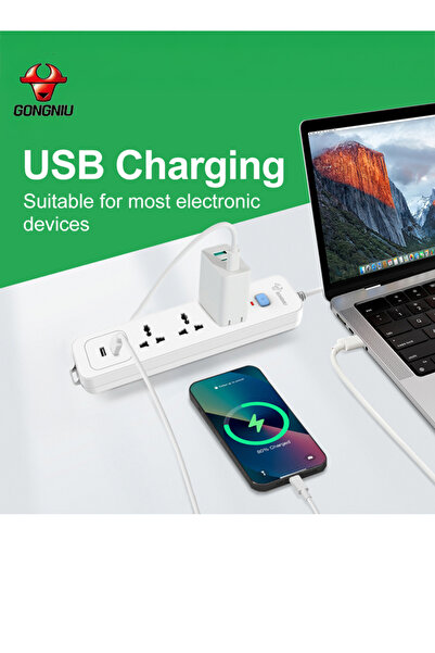 GONGNIU سلك تمديد 3 متر مع منفذي USB 3 و4 مقابس متعددة مع مفتاح رئيسي