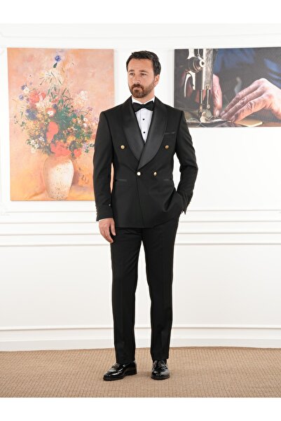 PAREZ Premium Erkek Slim Fit Kruvaze Smokin Puntolu Şal Yaka Damatlık Ceket P...