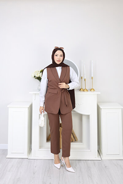 moda paketi Women's Belted Vest Pants Set – Hijab-Friendly Stylish Two-Piece Set-Lined